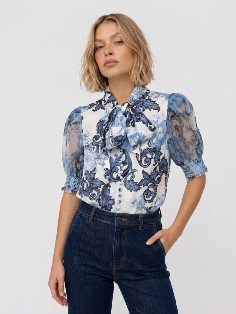 Alice + Olivia Blue Floral Tie-Neck Puff Sleeve Blouse